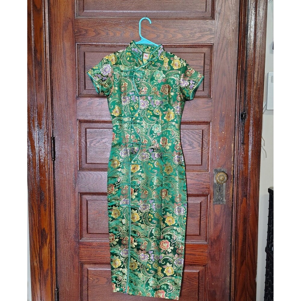 Green Satin Asian Long Cheongsam W Metallic Floral Brocade Pattern Dress Sz S